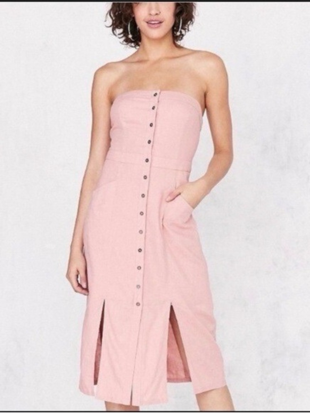 NWT BDG Urban Outfitters Peach Linen Strapless Midi Dress Button Front Size 6